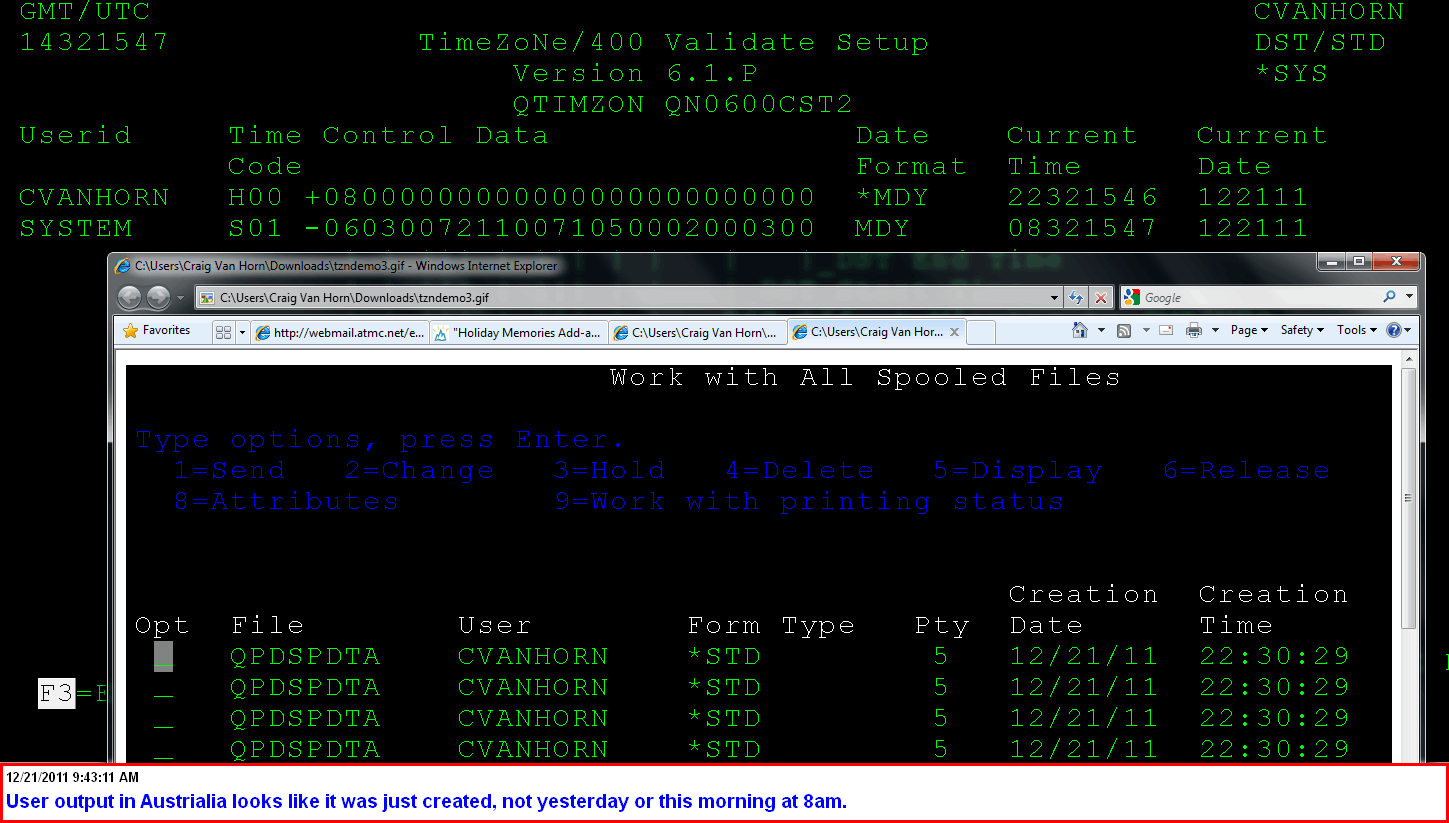 TimeZoNe/400 WRKSPLF in User TimeZoNe